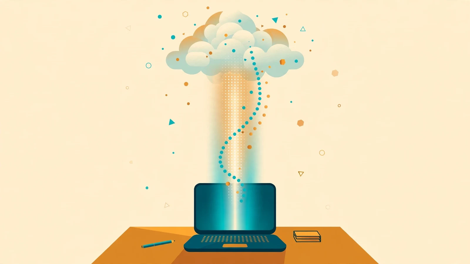 Flat illustration of a laptop on a desk with a beam of light rising from its screen into a stylized cloud, teal and amber on cream