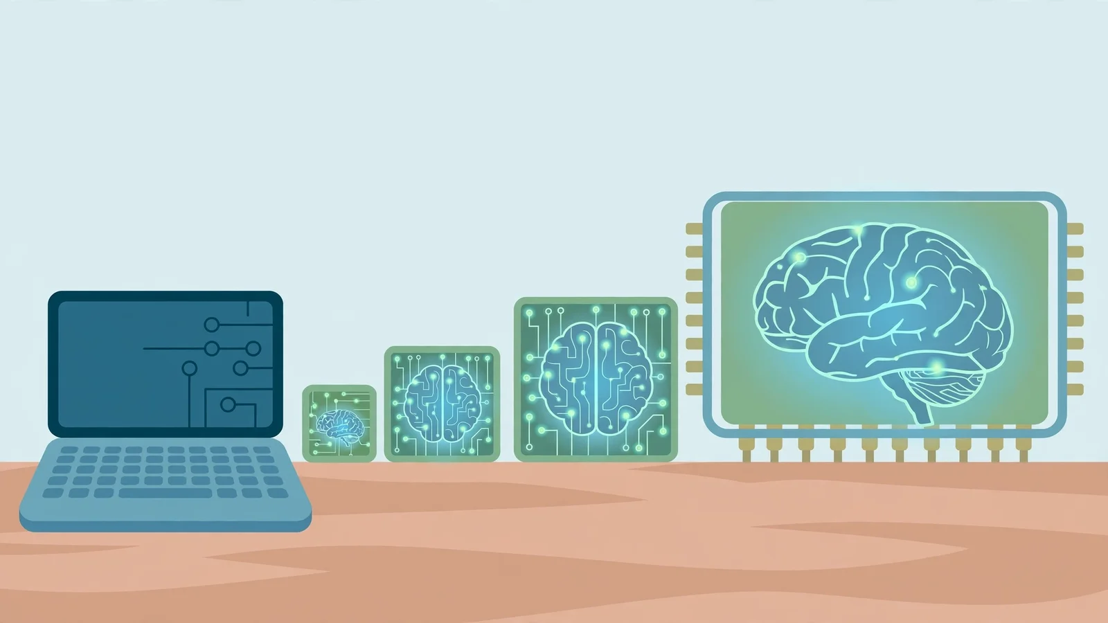 Flat illustration of a laptop on a desk beside glowing circuit-brain boxes in growing sizes, showing model sizes fitting inside the machine's memory