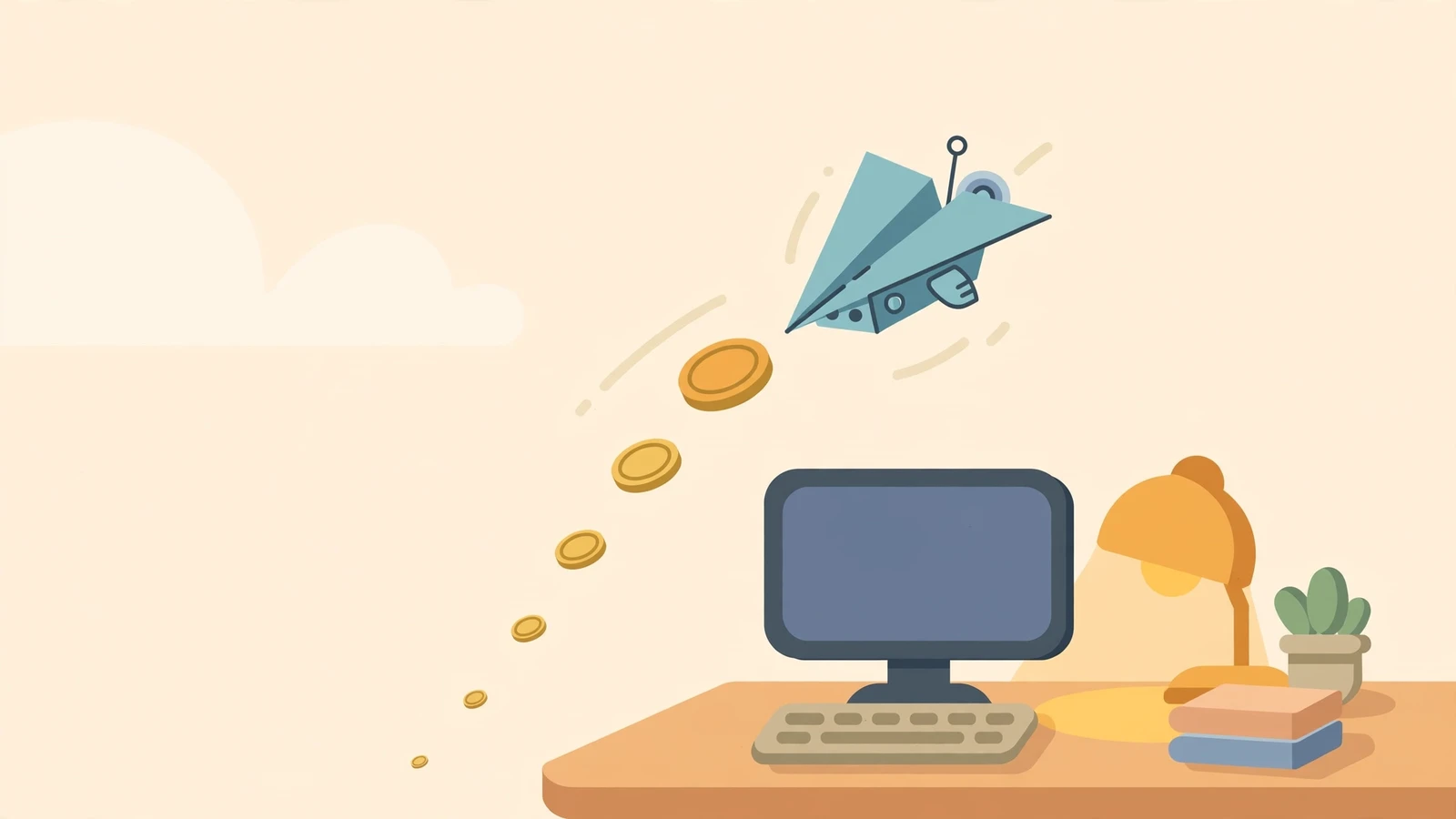 Flat illustration of a small robot gliding past a home computer while a trail of shrinking coins falls behind it, suggesting falling cloud AI prices