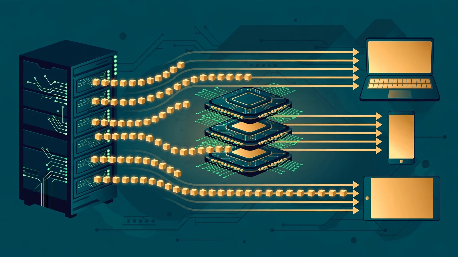 Flat illustration of a server rack streaming glowing token blocks through stacked GPU chips to a laptop, phone and tablet