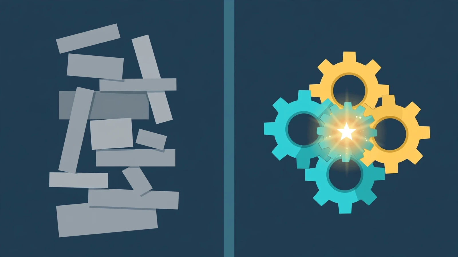 Split-panel diagram contrasting a general tool (left: scattered mismatched grey blocks) with a narrow engine (right: tightly interlocking teal and gold gears fitted around a glowing star core)