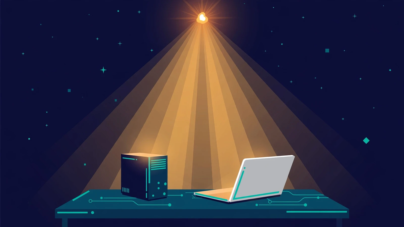 Flat illustration of a small glowing dwarf star beaming warm light onto a compact desktop computer and a laptop on a desk, symbolizing a powerful AI engine squeezed onto personal machines