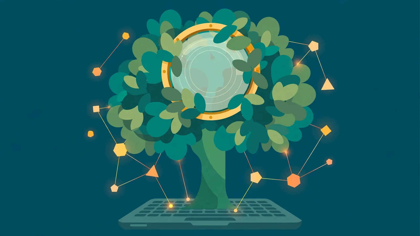 Flat illustration of a green tree with a magnifying glass in its canopy growing from a laptop, surrounded by glowing model nodes
