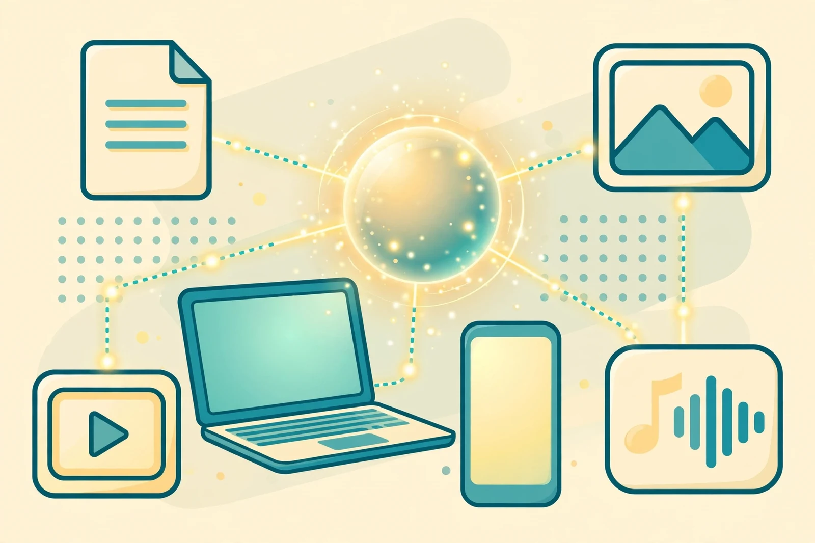Flat illustration of a laptop and phone connected to document, photo, video and audio icons, all linked to one glowing central orb