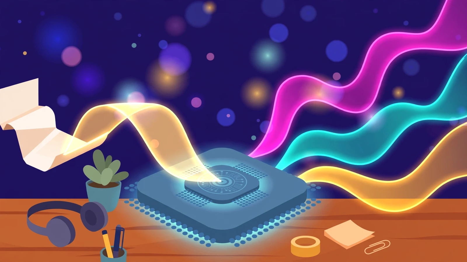 A flat illustration of a home studio desk where a script ribbon flows into a glowing computer chip and three colorful voice waves come out