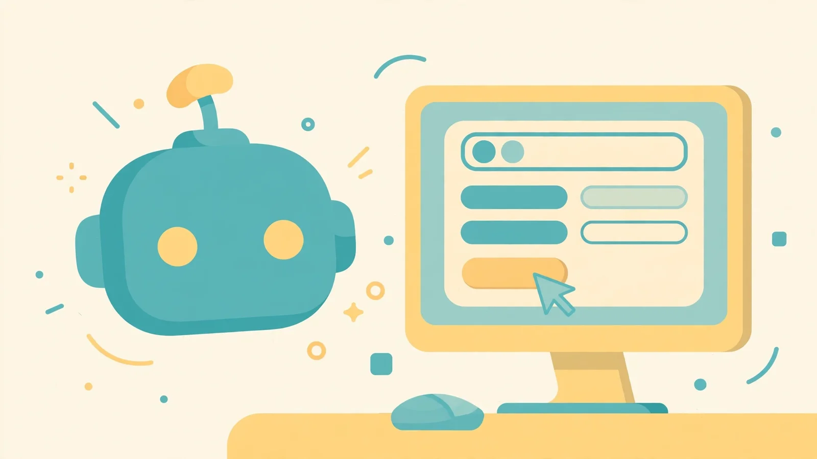 A friendly robot assistant beside a desktop monitor showing a form, with a mouse cursor clicking a button