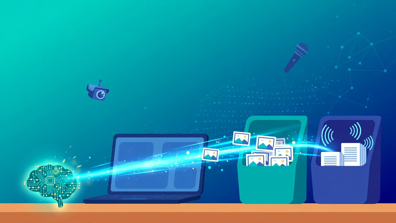 Flat illustration of a glowing circuit-chip brain beside a laptop, instantly sorting image and audio inputs into two decision bins with a single beam of light