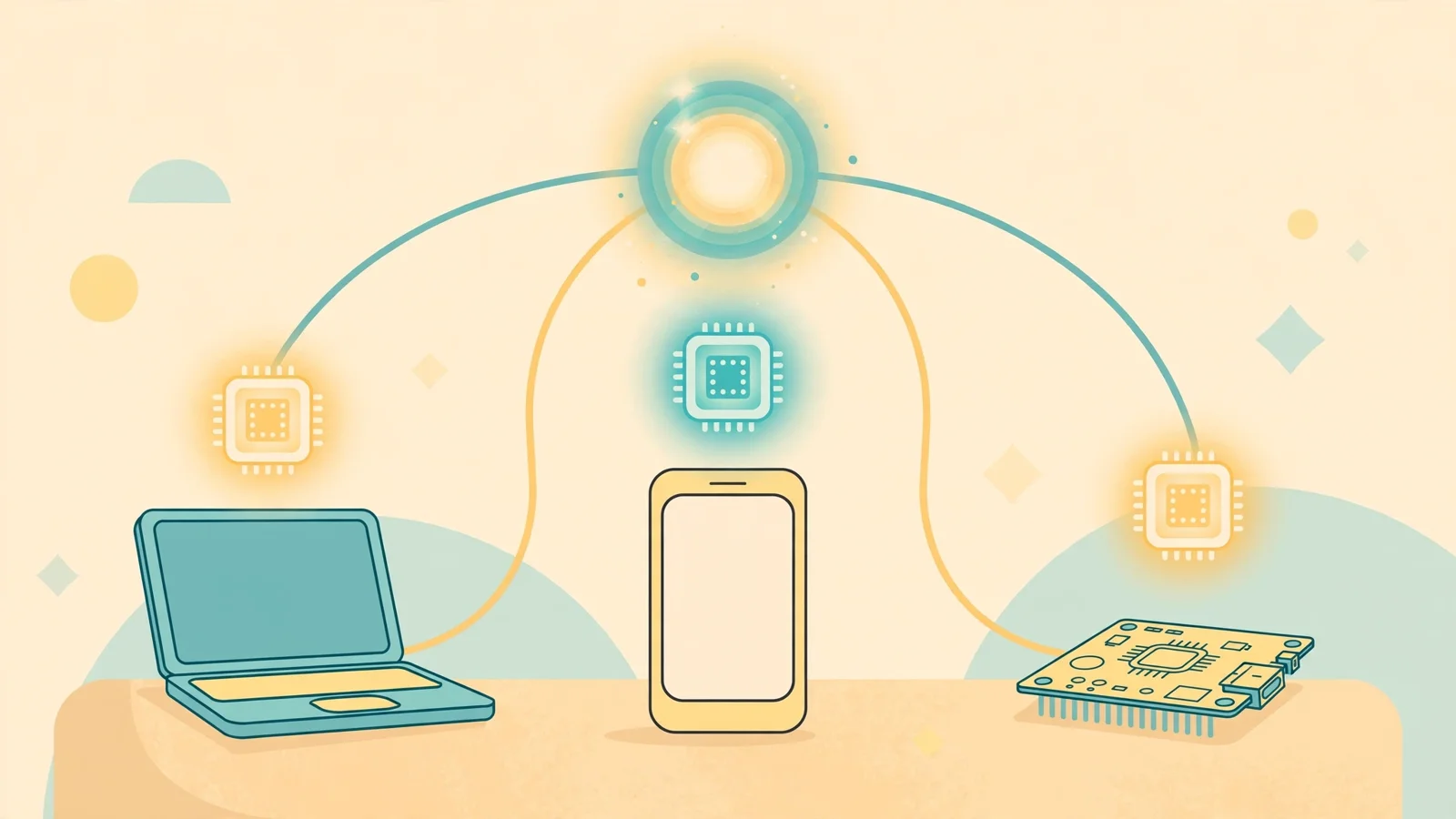 A laptop, a phone, and a small circuit board connected by curved lines to one shared glowing core
