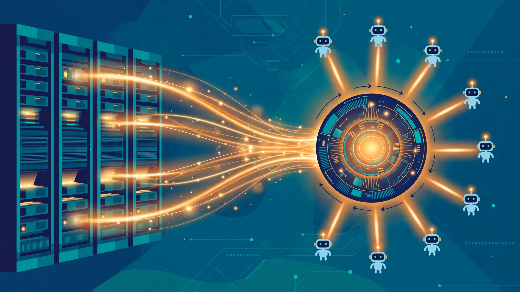 Flat illustration of GPU server racks streaming into a central routing hub that serves a ring of small AI agent bots