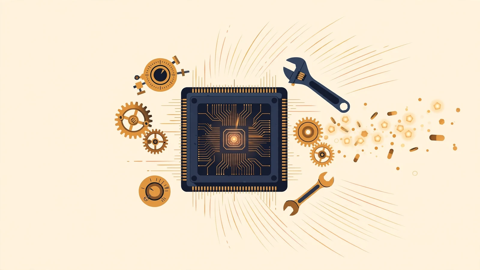 Illustration of a computer processor chip being fine-tuned, surrounded by gears, tuning dials and wrenches, with speed lines and glowing tokens streaming out
