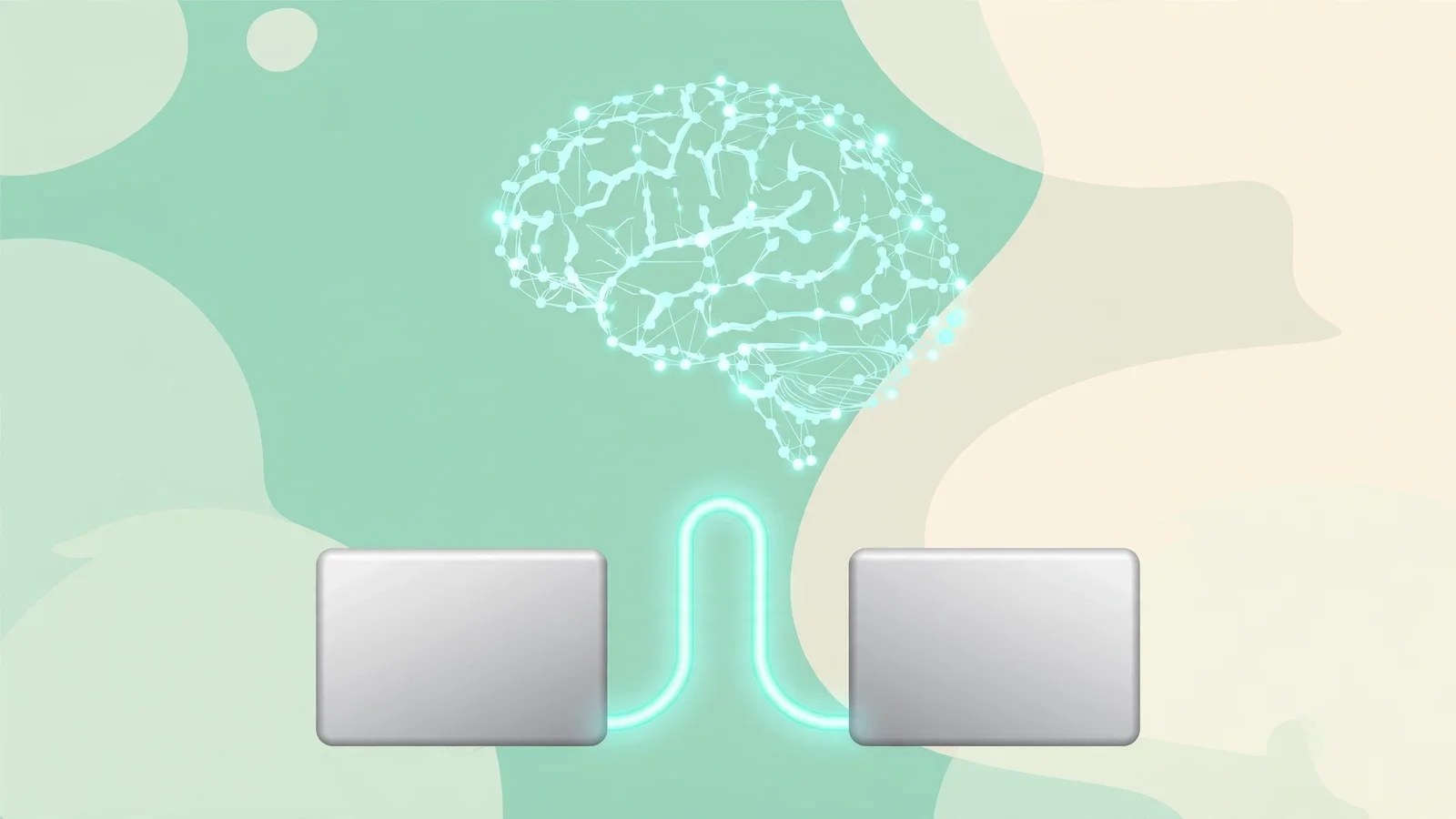 Illustration of two desktop computers connected by a glowing cable with a neural-network brain above them