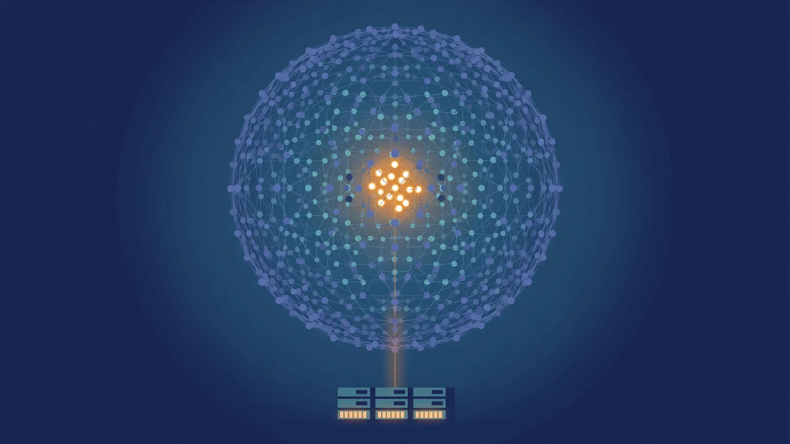 A giant sparse neural network sphere with only a small glowing cluster active at its center, connected to a rack of servers below