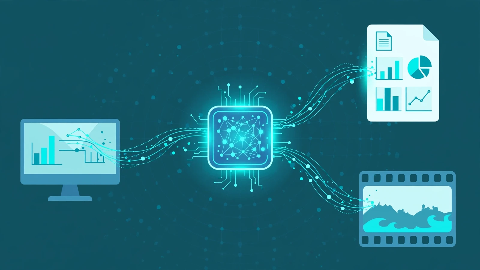 Illustration of an AI chip linked to a desktop computer, a chart-filled document, and a film frame on a dark teal background