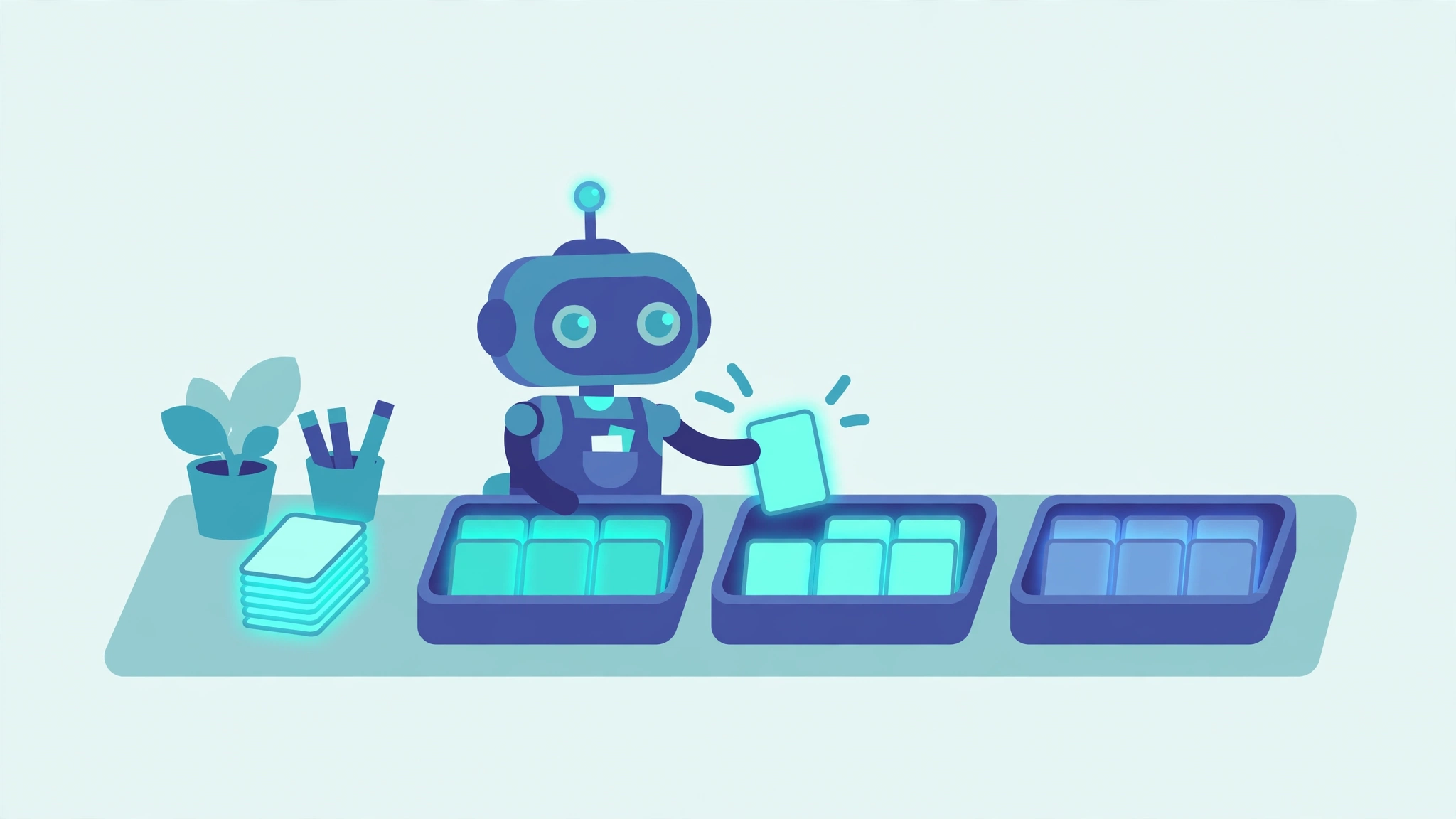 A robot clerk sorting glowing document cards into three trays