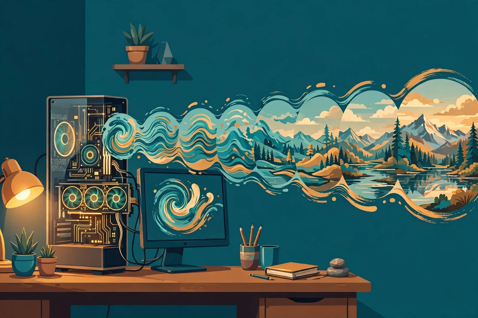 Flat illustration of a home PC with a glowing graphics card turning rough brush strokes into a finished landscape painting on its monitor
