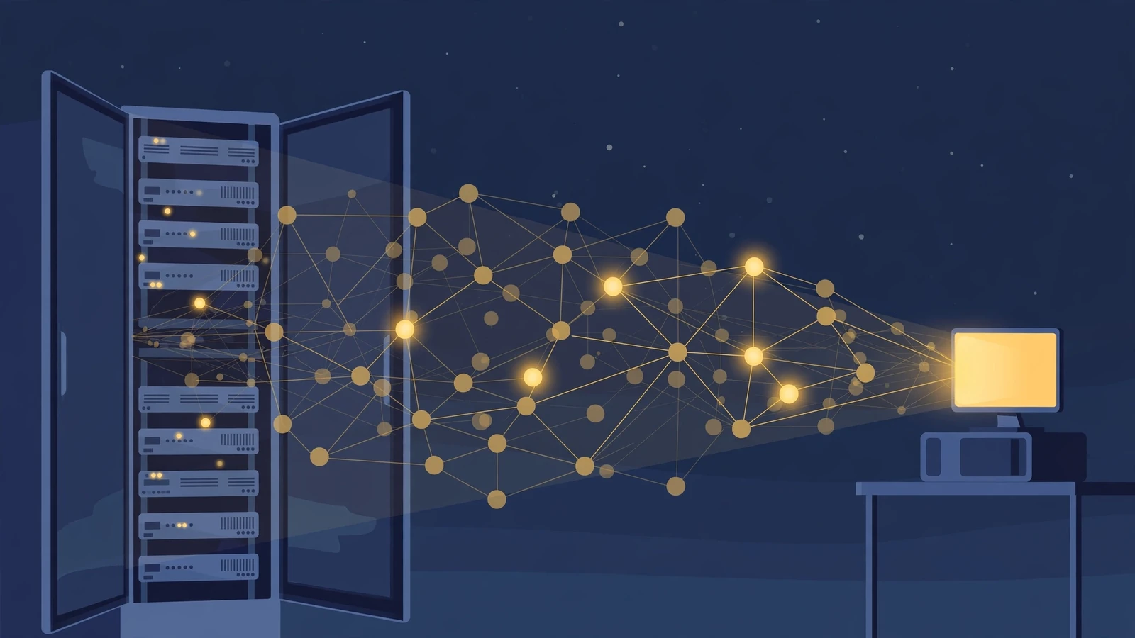 Flat illustration of a glowing beam of neural-network nodes flowing from an open server cabinet to a small home computer