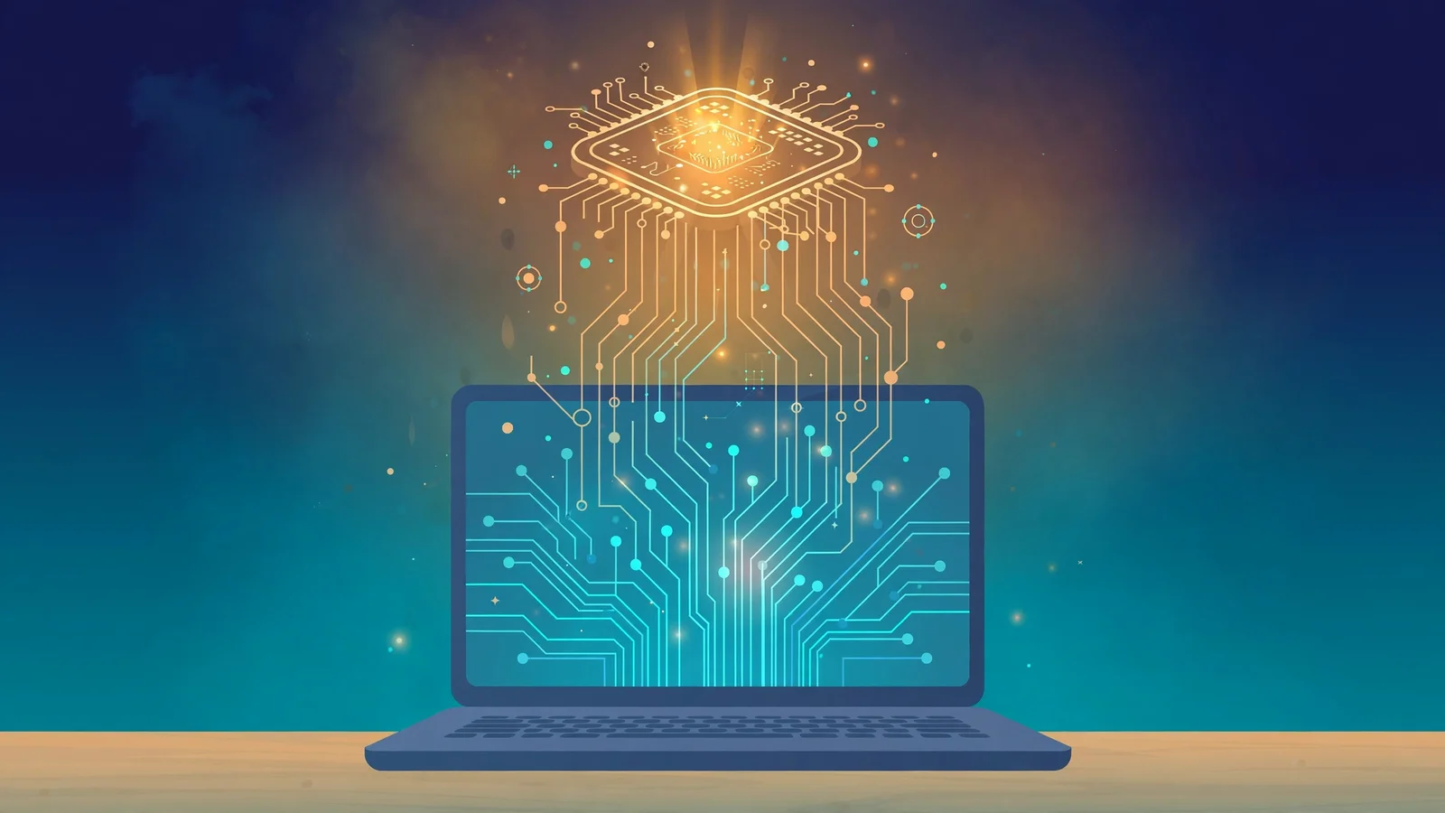 Flat illustration of a laptop with a glowing AI chip rising above it, circuit traces connecting the chip to the screen