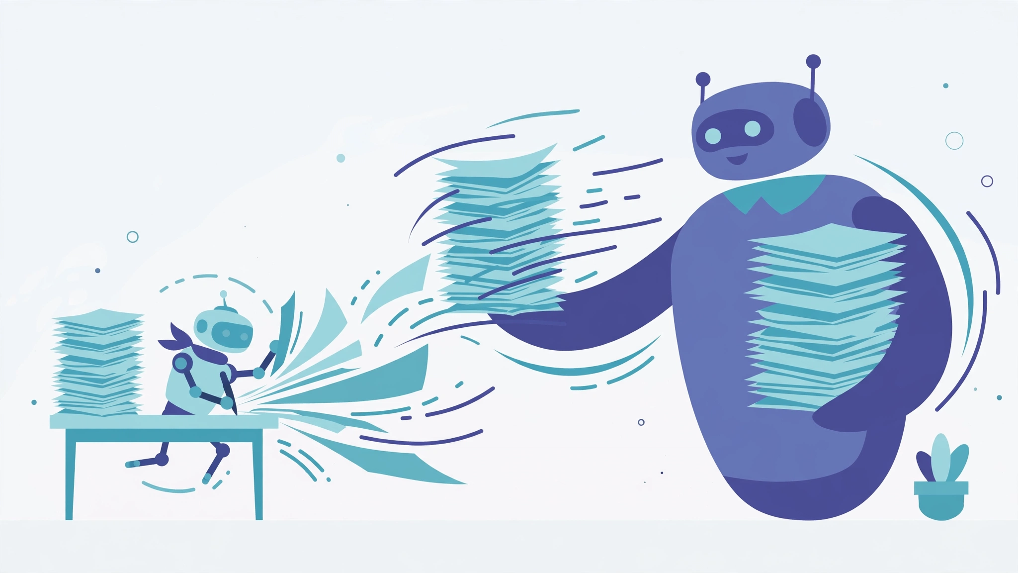 A small robot intern drafting pages while a larger robot manager approves whole stacks at speed
