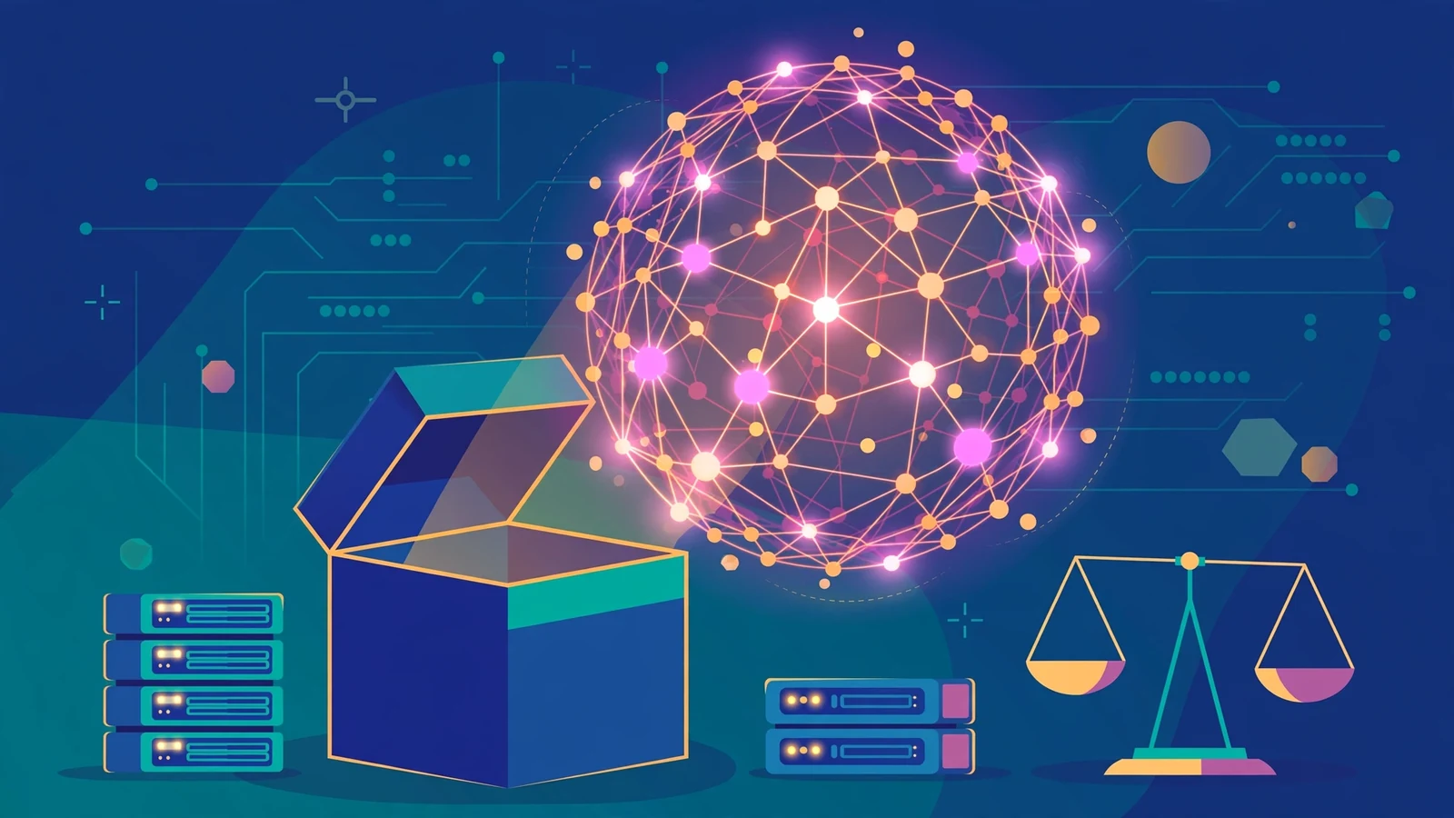 A giant glowing neural network rising from an open box between server racks, with a balance scale for the license