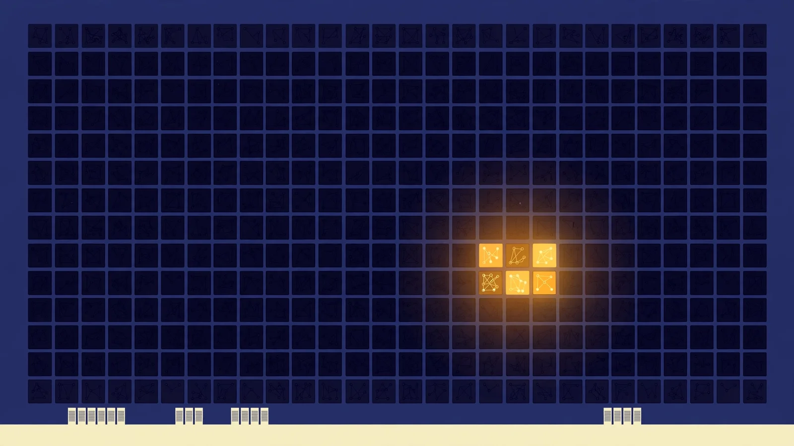 Flat illustration of a dark grid of neural-network tiles with one small amber cluster glowing, showing selective expert activation in a mixture-of-experts model