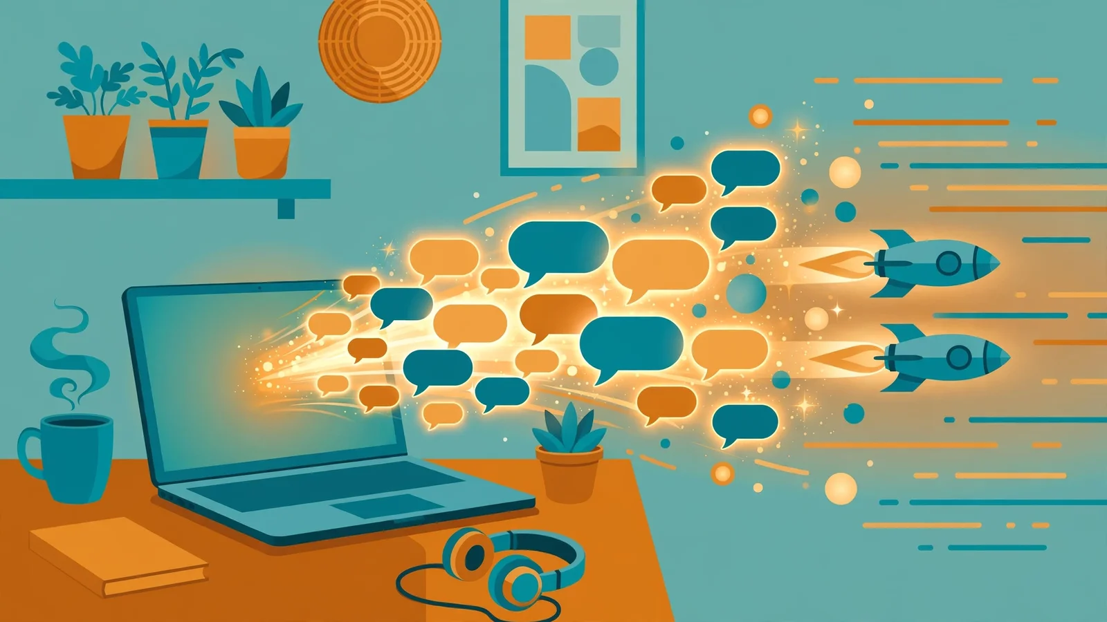 Flat illustration of a laptop on a desk streaming chat bubbles and tokens like a comet trail with two rockets, suggesting faster local AI answers