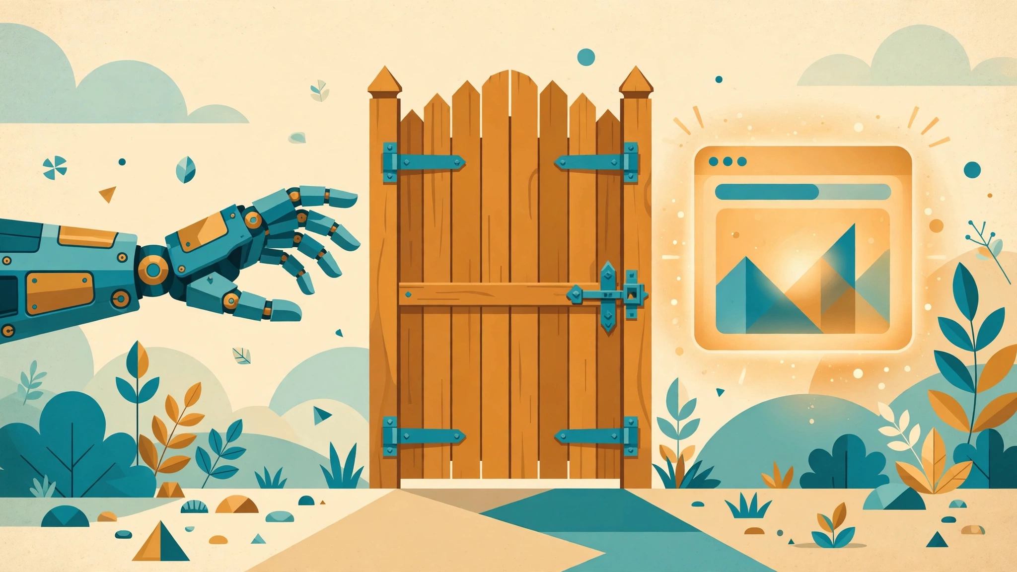 Robot hand reaching for a browser window blocked by a swinging gate, teal and amber on cream