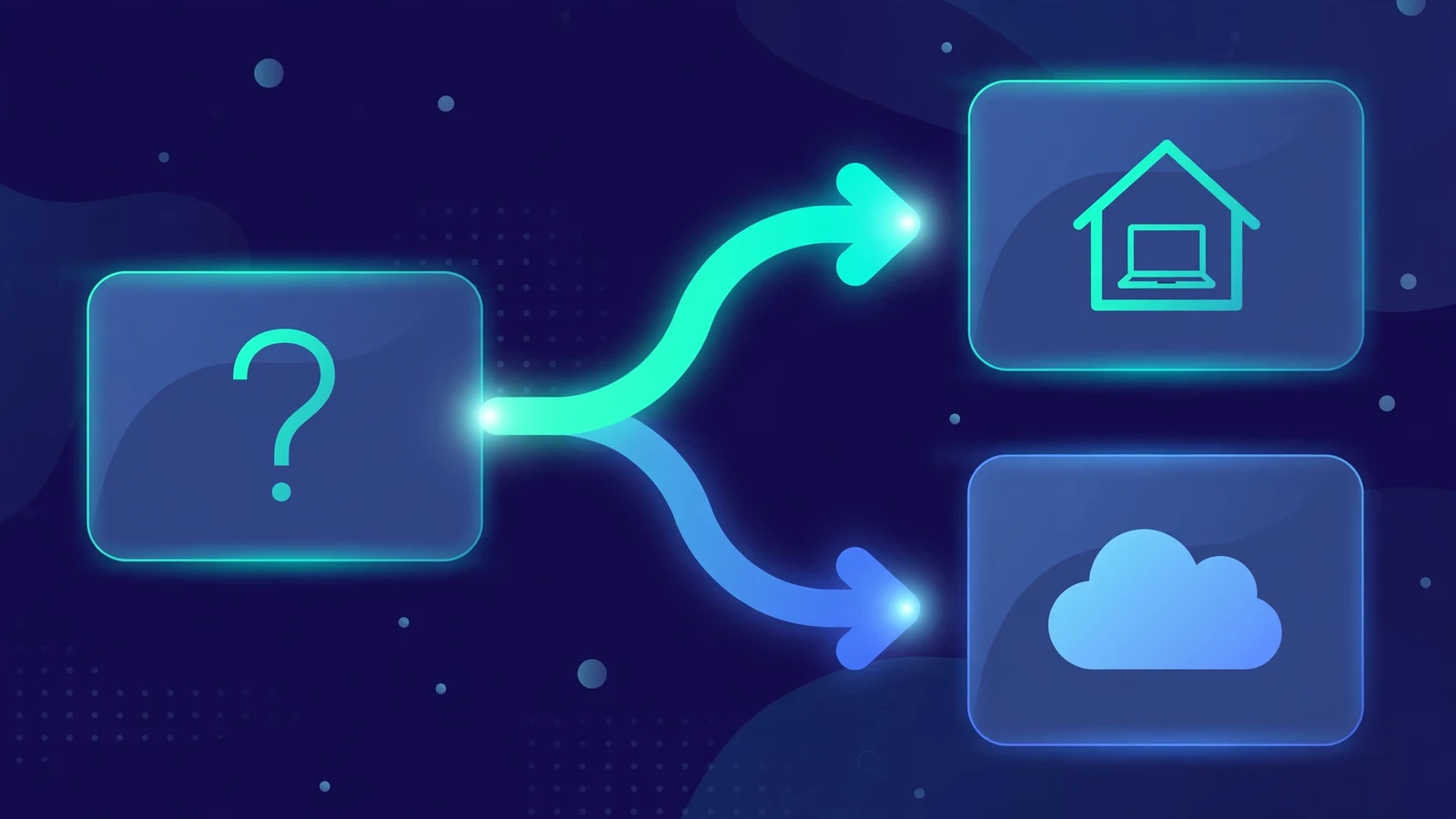Explainer diagram of hybrid intelligence: one question splits into a local on-device path and a cloud path, showing Windows routing work between the two