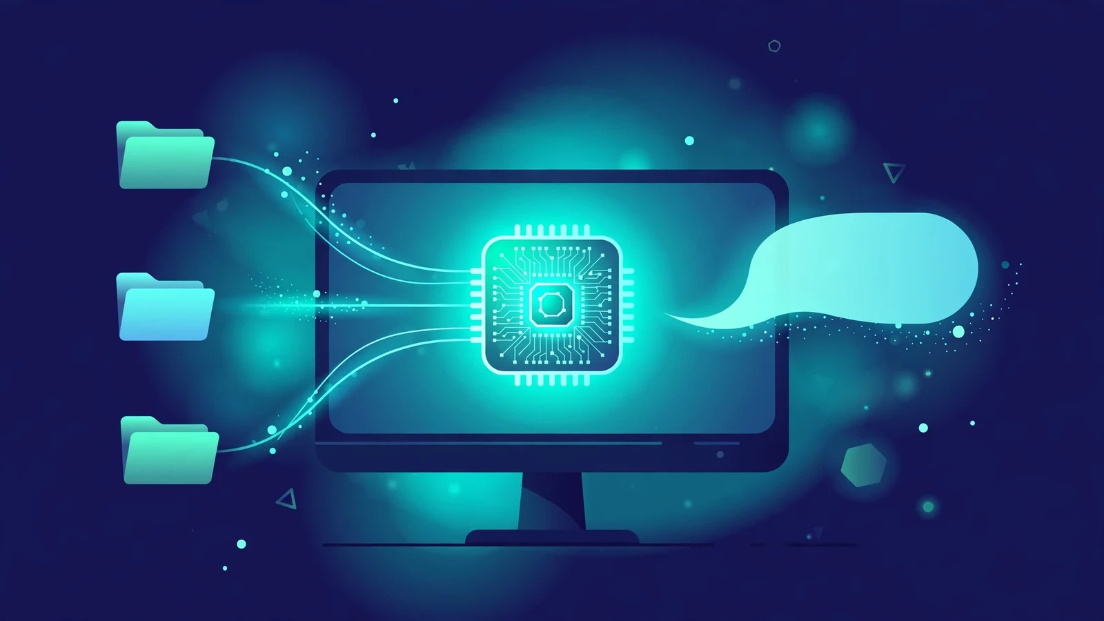 Flat illustration of a Windows-style desktop monitor with a glowing AI chip at its center, floating model-file boxes feeding lines of light into the chip, in navy and teal